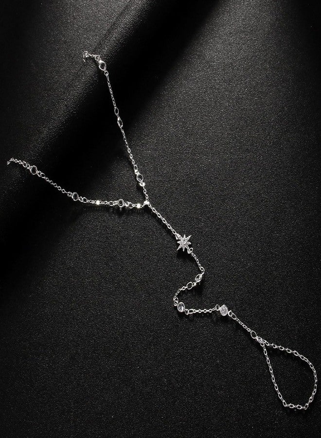 XSBODY Ring Hand Chain Bracelet Silver, Star non Tarnish Star Jewelry Trendy Dainty Bracelets Hand Chain Finger Ring Slave Bracelet for Women Wedding Cubic Zircon Stackable Accessories - Image 3